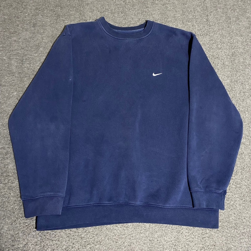 Nike Mens Crewneck Sweatshirt XXL Navy Blue Embroidered Swoosh Fleece Pullover